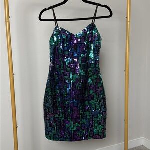 Vintage 80s 90s Multicolor Sequin Mini Dress | Teal Purple Geometric | Small